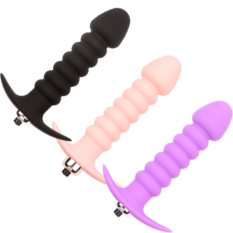 Vibrating Silicone Anal Plug with Ribbed Texture and Button Control — detail image 3