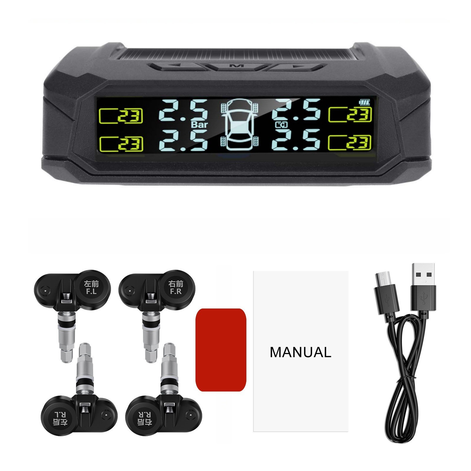 Tire Pressure Monitor Solar-Powered 4-Wheel Color Screen Digital Display Detector Wireless High-Precision Intelligent Tpms Air Pressure Detection