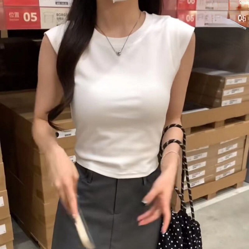 7-Color Korean-Style Summer Round-Neck Sweet Spicy Girl Sleeveless Slim-Fit Trendy Short-Sleeve Top for Women