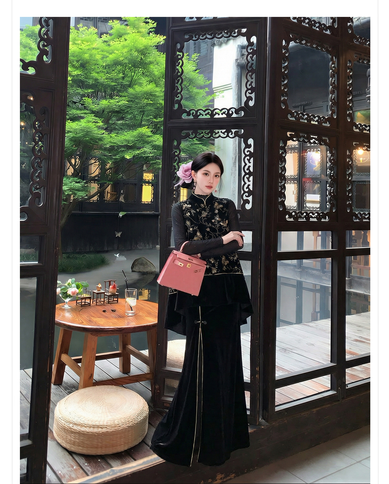 Bộ áo vest không tay thêu sequin đen vàng + chân váy nhung xẻ tà phong cách Trung Quốc mùa xuân hè — váy, áo vest chi tiết 10