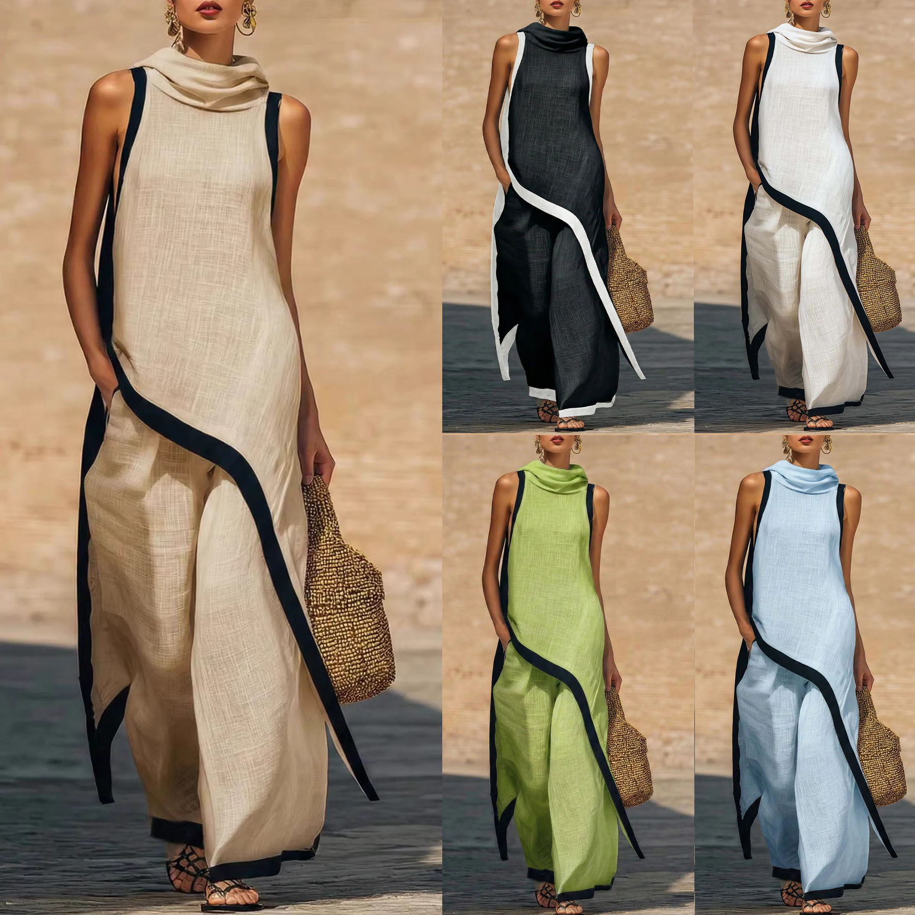 20026欧美跨境春夏无袖棉麻上衣阔腿裤时尚优雅高级感套装两件套