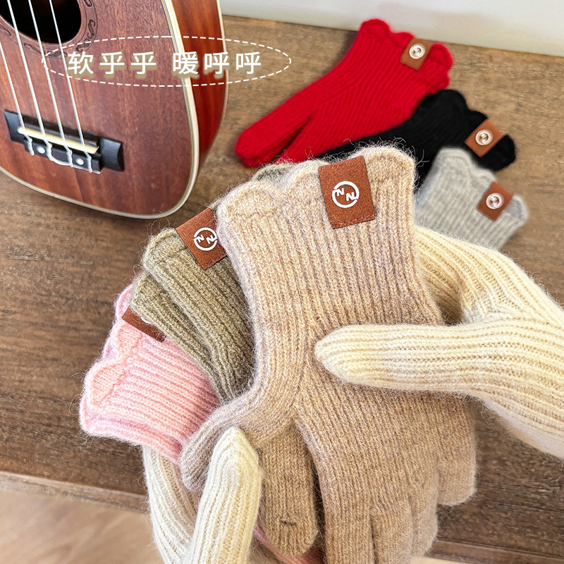 かわいい純色のレースのカシミヤの毛の5本の指の手袋の秋冬の騎乗の防寒の保温の成人は指を分けてタッチパネルの女性を指します。|undefined