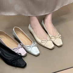 法式绸缎方头蝴蝶结玛丽珍鞋女2025秋季新款缎面褶皱平底浅口单鞋