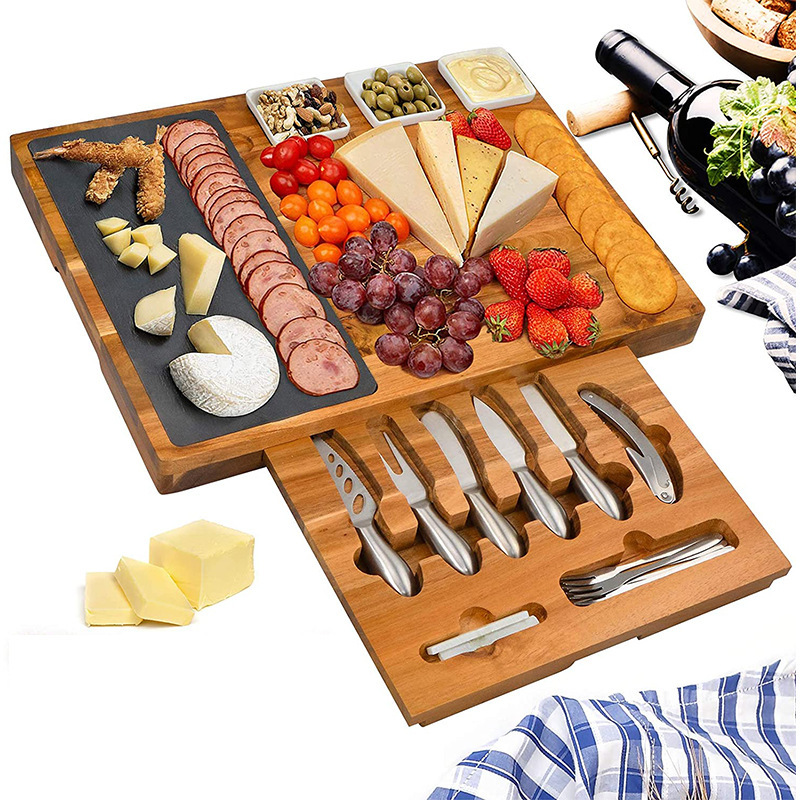 Amazon Explosions Acacia Wood Cheese Plate with Stainless Steel Cutters 6-Piece Set Ceramic Cup Cheese Plate Cheese Plate Bamboo