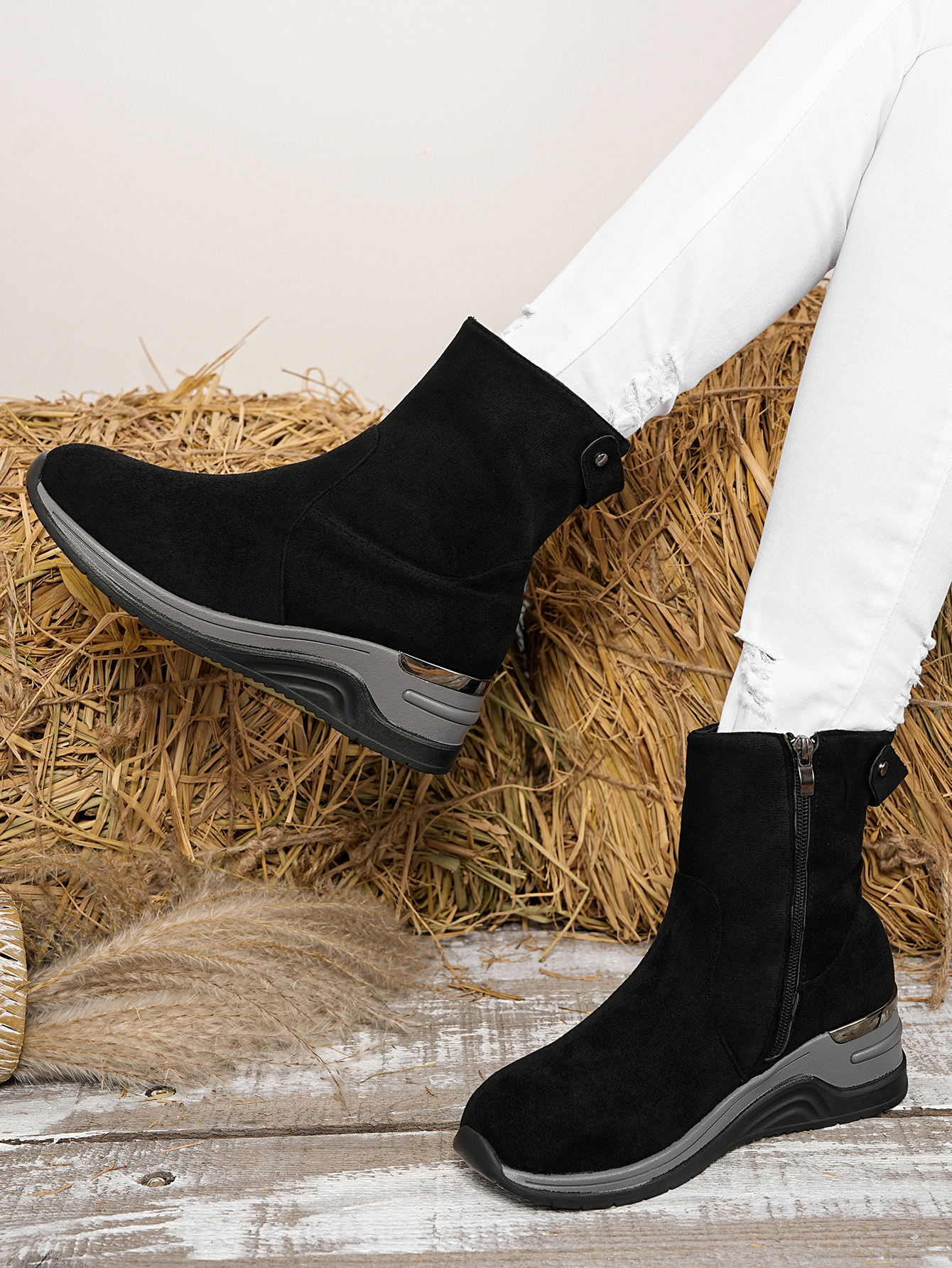 Women's Suede Wedge Ankle Boots With Side Zipper And Platform_voghion.com