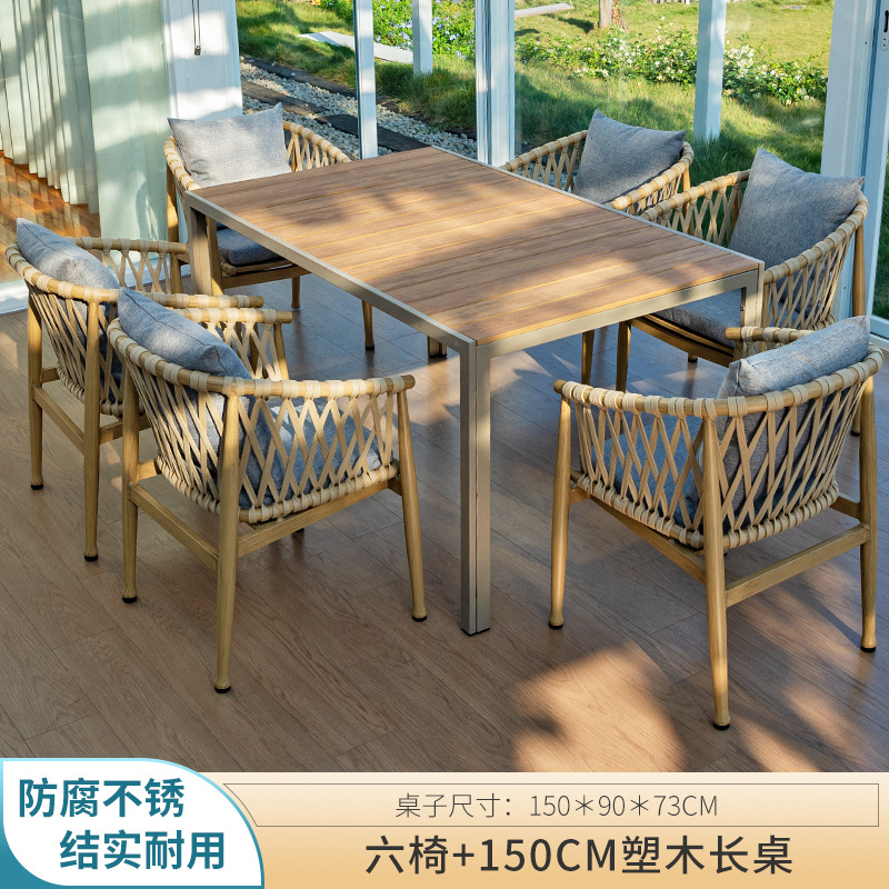 Seis sillas 150cm mesa larga de madera de plástico_1