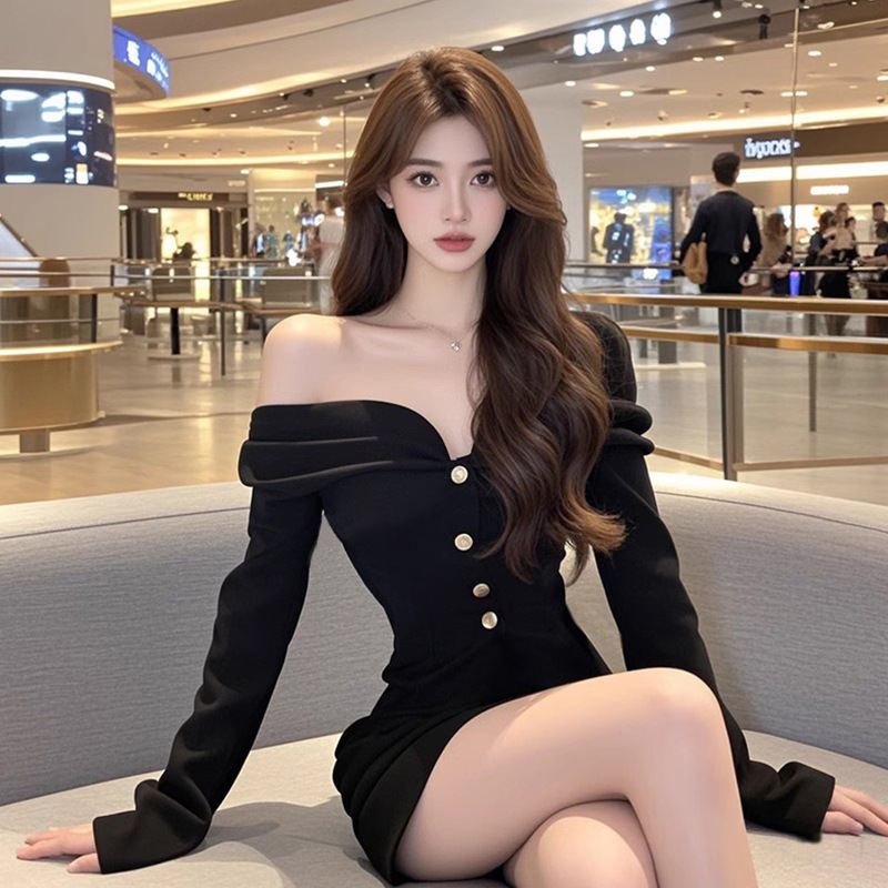 TZ4741 High Leng Yujie Style One-character Collar Pleated dress Women's Pure Sexy Shoulder Slimming Hip Short Skirt