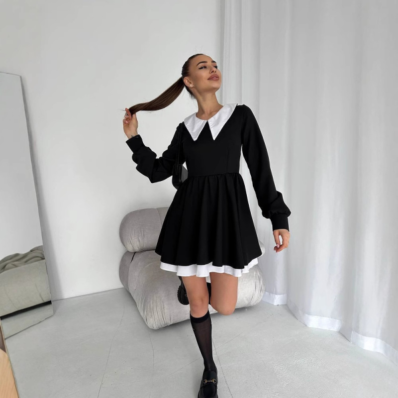 フランス式の小さい香りの風の女性のファッションのファッションのワンピース2025春の新型の襟の長袖は色の中でスカートの婦人服にぶつかります。|undefined