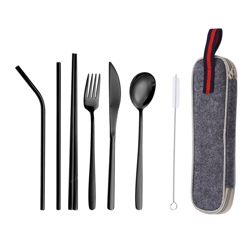 Amazon popular 304 Acero inoxidable paja vajilla traje coreano cuchillo de comida occidental, tenedor y cuchara de paja portátil conjunto de 7 piezas