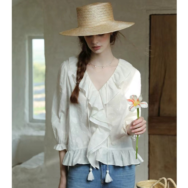 【Melliiy 2026S/S New Arrival】French-Style Ruffled Jacquard Three-Quarter Sleeve Shirt
