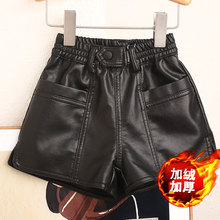 新款高腰秋冬女童皮短裤a字阔腿裤诵经腰头黑咖双色加绒加厚靴裤