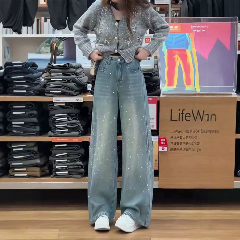 Women's Spring/Summer Plus Size High-Waisted Loose Slimming Straight-Leg Denim Pants with Rhinestone Embellishments for Petite Figures, Cotton