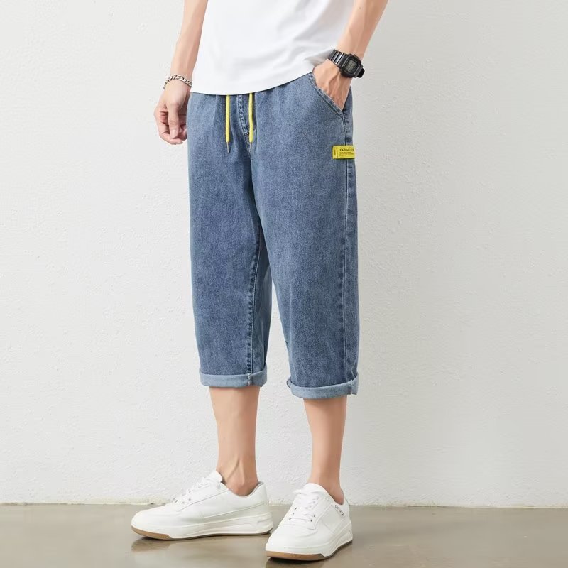 Verano delgado verano vaquero tendencia de los hombres sueltos rectos tallas grandes pantalones recortados marca de moda de los hombres pantalones medios de 7 puntos