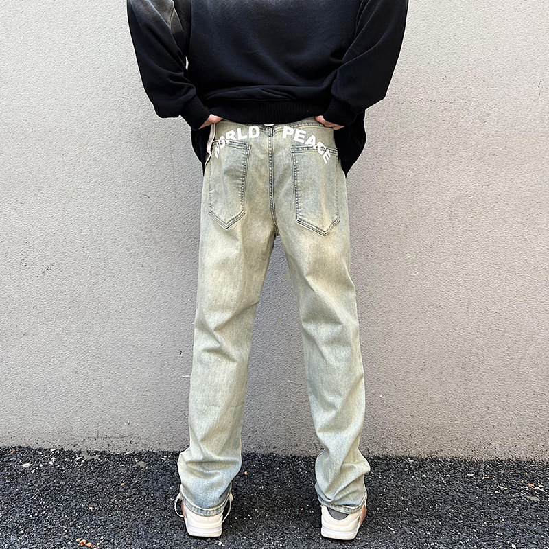 Lktm ropa de hombre # amarillo barro teñido apenado lavado impreso jeans hombres Vibe High Street Europa y América marca moda Pantalones rectos