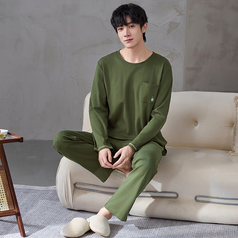 Pijamas de algodón de manga larga para hombres primavera y otoño ocio simple algodón 2024 nuevo conjunto de ropa de hogar de cuello redondo juvenil
