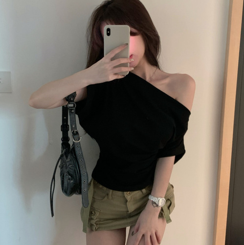 Sexy Lolita Pure Desire Design Slim-fit Short-sleeved T-shirt Women's Summer Short Off-shoulder Elegant Slimming Top Female Trendy T-shirt