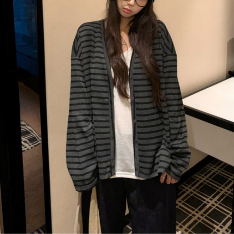 慵懒风条纹长袖外套女2025秋季新款复古盐系薄款单排扣欧洲站上衣|undefined