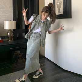 实拍绝美港风牛仔马甲套装女2026新款夏季高级感遮肉半身裙两件套