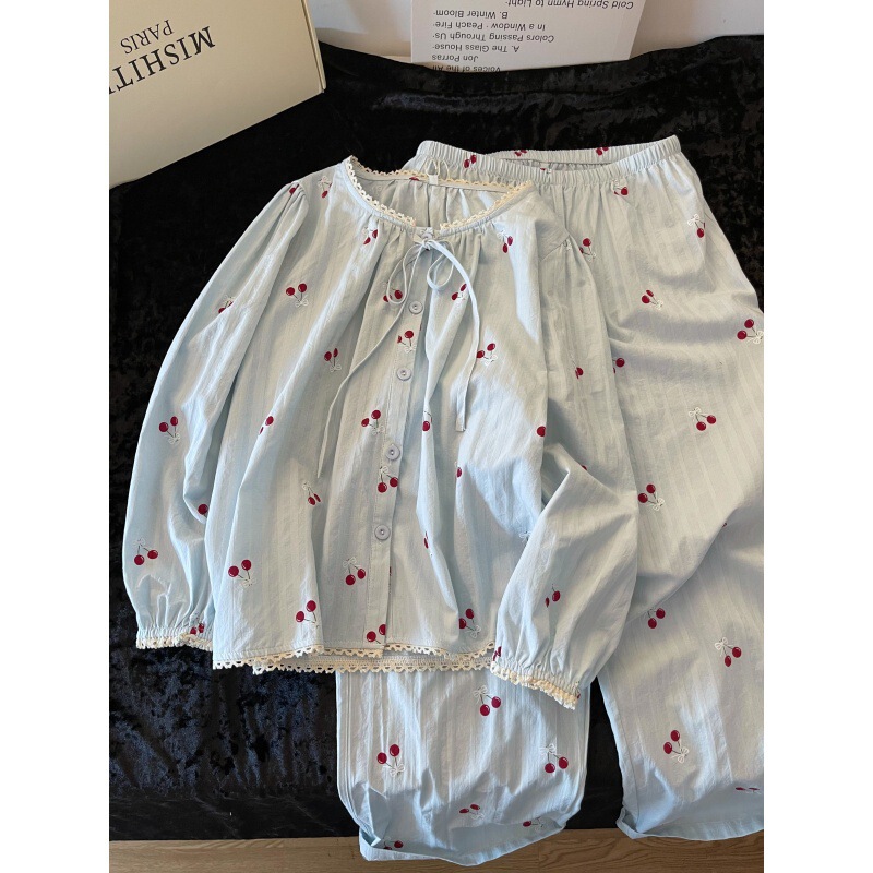Girls' Cherry Print Baby Cotton Gauze Pajamas Women's 2026 Spring and Autumn New Style Pure Cotton Long-Sleeved Long-Pants Homewear Set