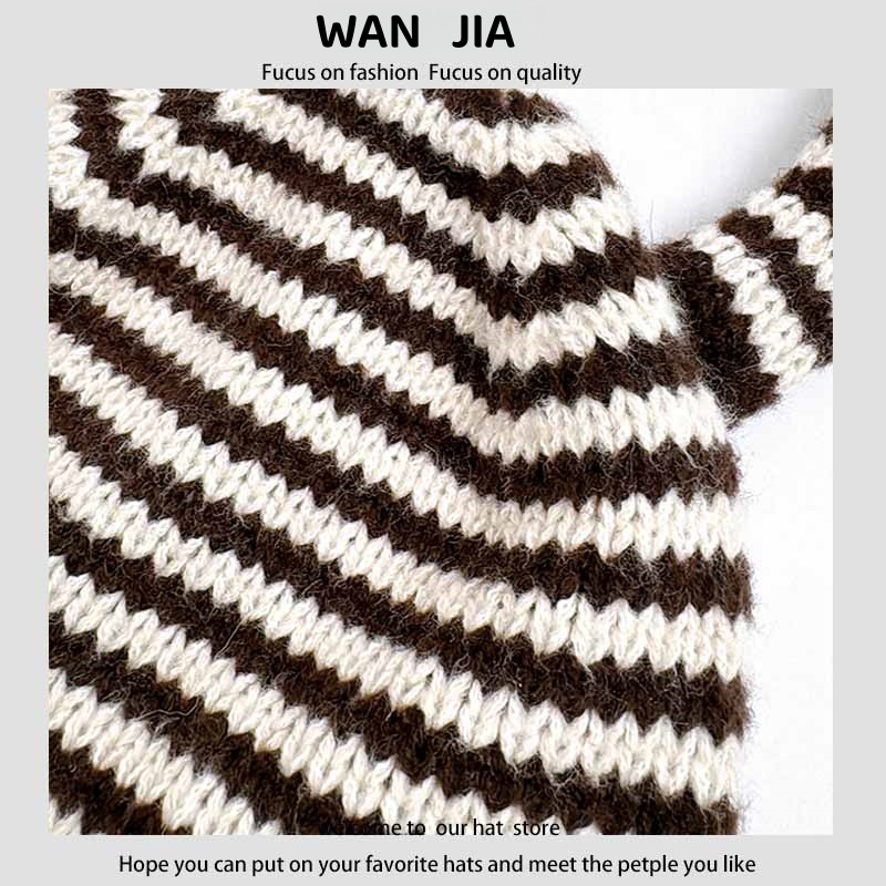 Cappello lavorato a maglia autunnale e invernale per donne con orecchie lunghe, grazioso cappello di lana a righe, calda protezione per le orecchie, cappello freddo dalla personalità unica_voghion.com