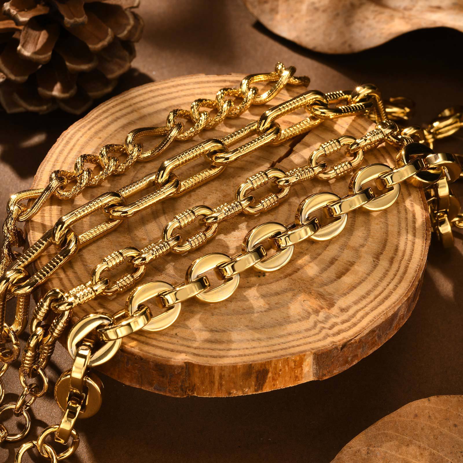 0.03µm-0.05µm Gold Plating Thickness PVD Coated Real Gold Plated Solid Color 304 Stainless Steel Classic Style Waterproof Non Tarnish 304 Stainless Steel Chain Bracelet