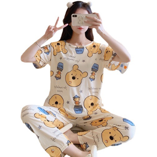 Pijamas para mujer, estilo coreano, de manga corta, con dibujos animados, pantalones largos, estilo fino, 2025, holgados, dulces, para primavera y otoño, conjunto para estar en casa.