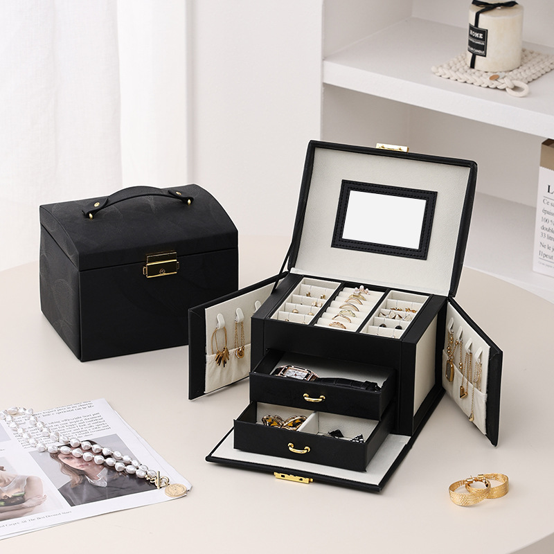 Caja de almacenamiento de joyas negra, caja de joyería portátil multicapa para anillos y collares con cerradura, caja de almacenamiento de accesorios de mano