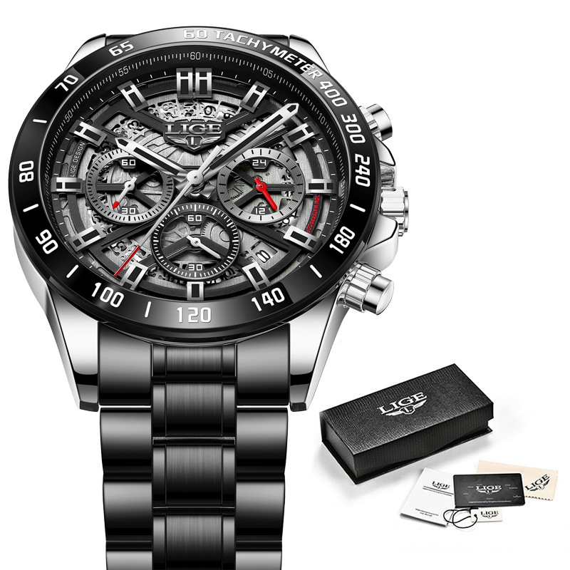 LIGE 8944 nuevo cinturón de acero de seis pines ahuecado personalidad de la moda de los hombres de moda reloj de regalo