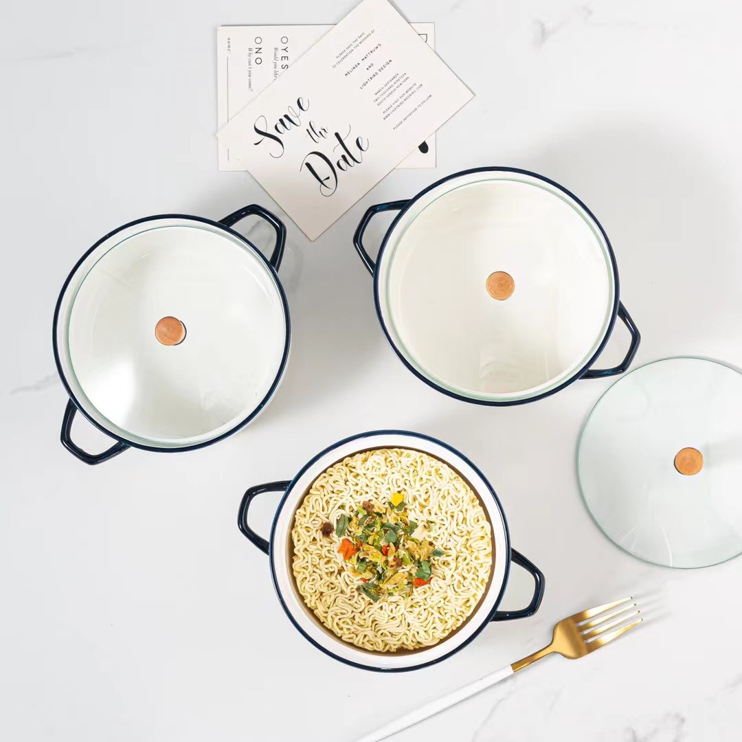 Estilo Nórdico figura abstracta geométrica cerámica tazón de fideos instantáneos personalidad tazón de sopa con tapa binaural gran capacidad ensalada olla simple