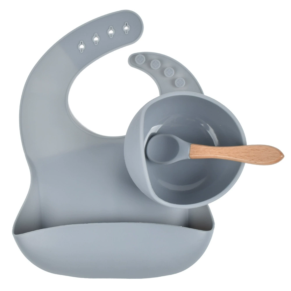 Silicone children's tableware set — bib, bowl and spoon with suction base, multi-color