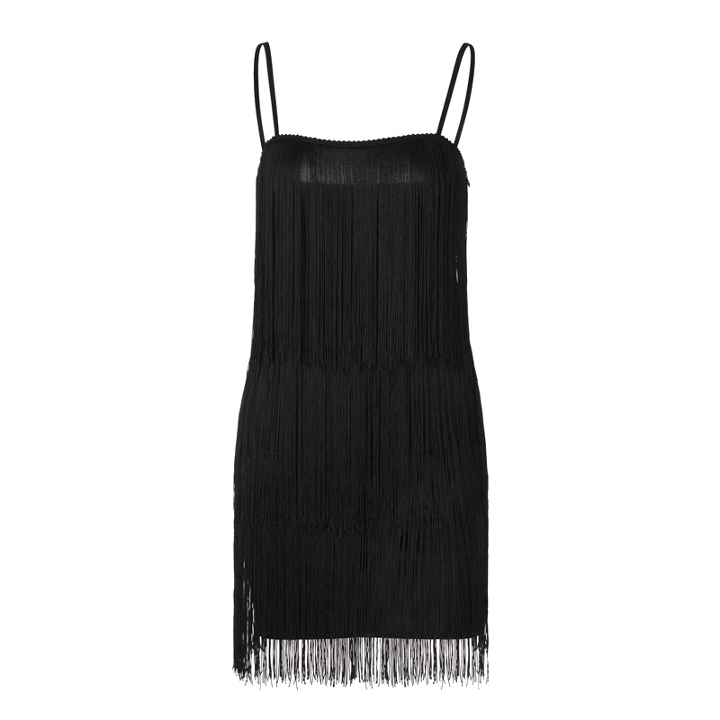 Suspender Fringed Backless Solid Color Dress NSLGF115505