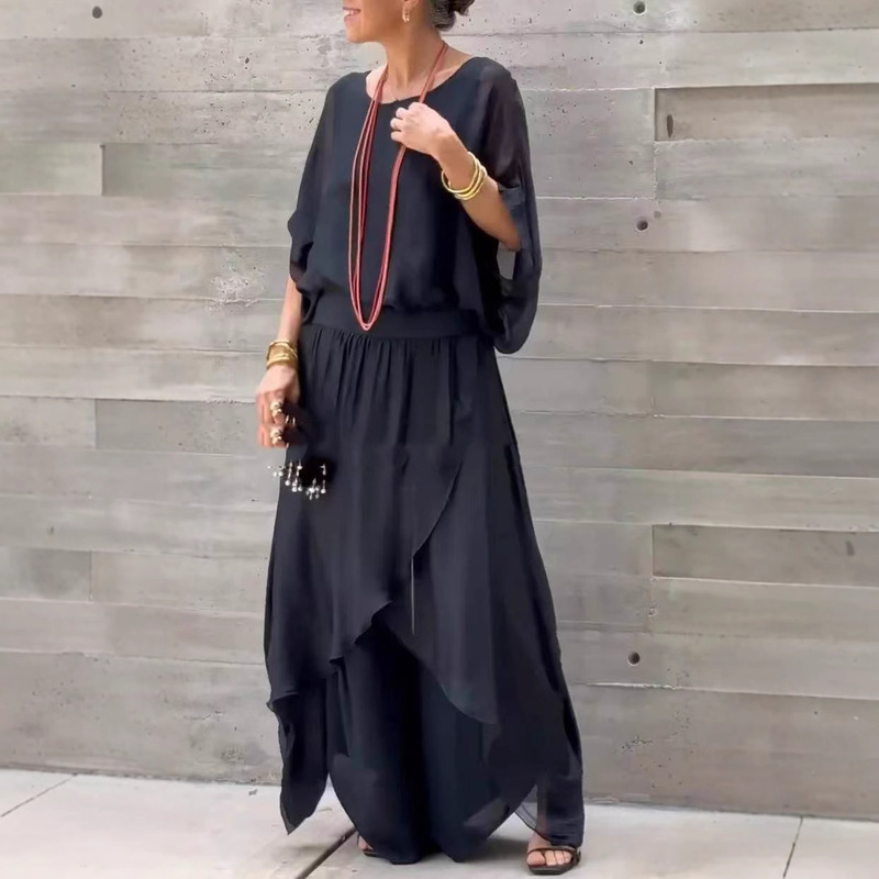 Summer 2025 Europe and America Cross-border Amazon Independent Station Loose Comfortable Top Split Wide Leg Pants Chiffon Casual suit