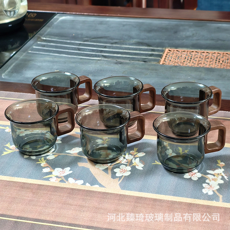 Taza de té de vidrio con asa de madera Taza de té pequeña para el hogar resistente a altas temperaturas Taza de té de hospitalidad de vidrio con alto contenido de borosilicato de hollín transparente personal