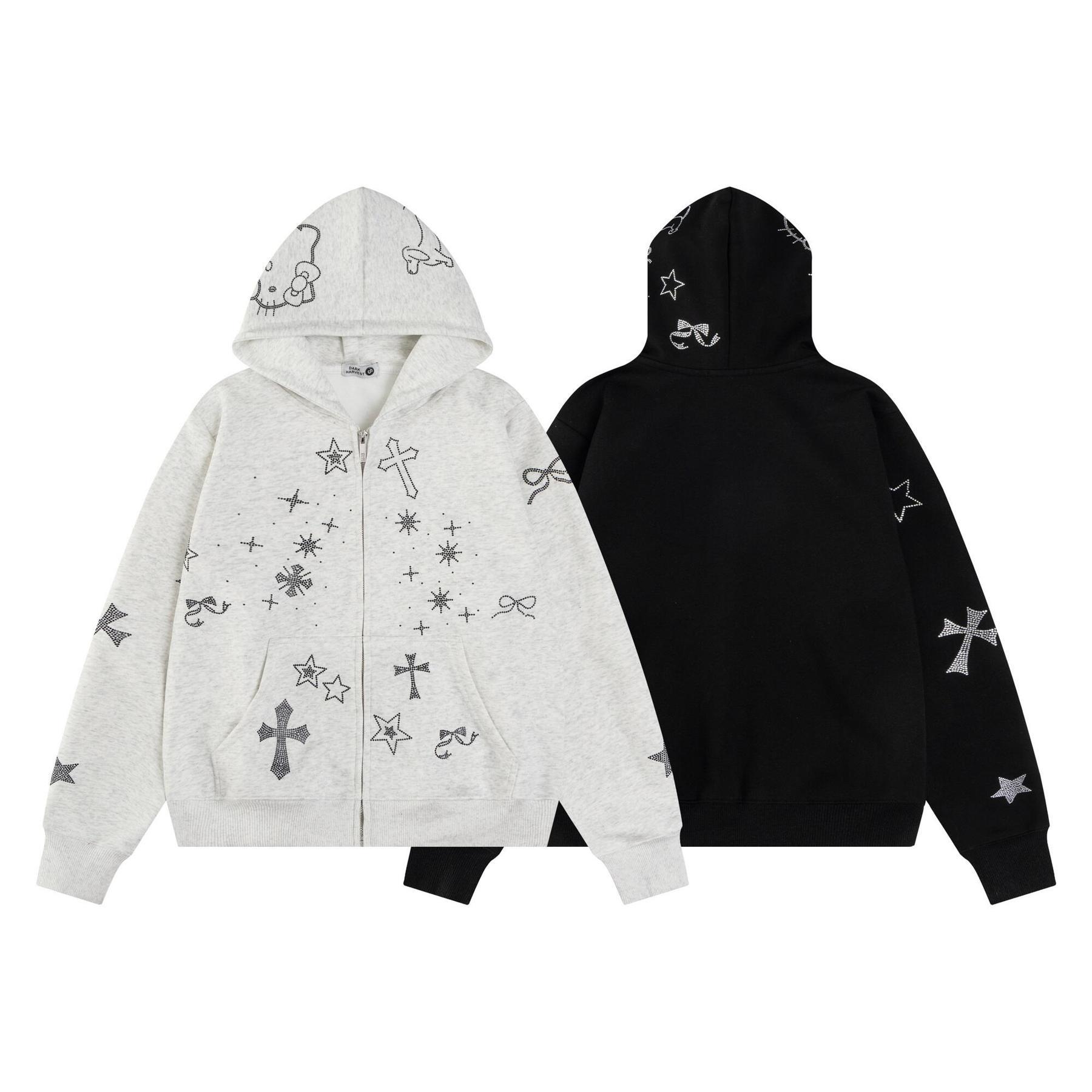Unisex rhinestone graphic zip-up hoodie detail 5