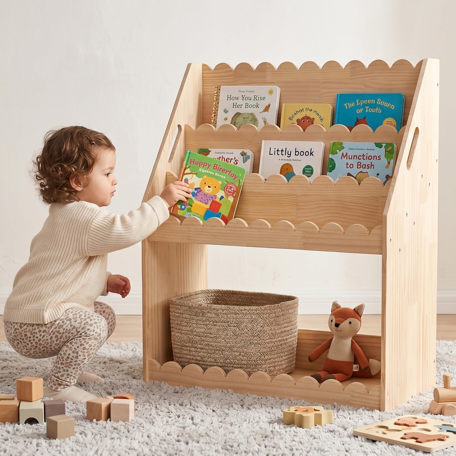 Cross-border Children's Fan-shaped Bookshelf 4-Tier Montessori Wooden Bookcase for Infants