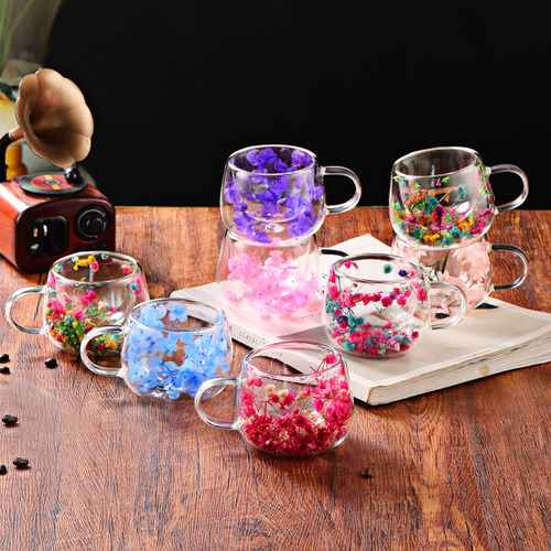 Real dried flower double-layer glass cup creative high borosilicate heat-resistant water cup net red milk coffee cup tea cup