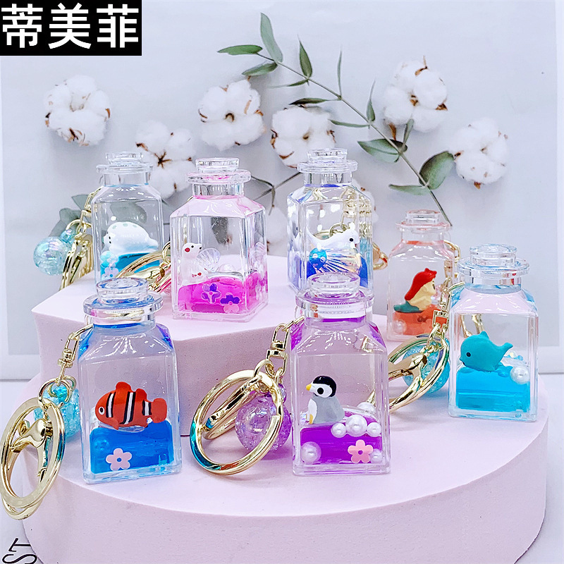 Cute Ocean-Themed Liquid Keychain with Oil-Filled Liquid, Girly Liquid Sand Drift Bottle, Perfume Bottle Pendant for Stress Relief