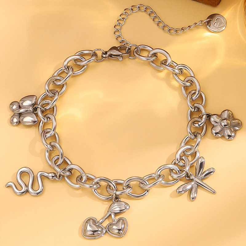 Moda nueva mariposa libélula arena pulsera de oro lujo ligera alta personalidad serpiente dorada cinco hojas flores joyas pulsera de acero titanio