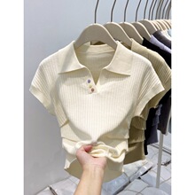 欧货Polo领彩虹扣针织短袖女夏季2025收腰褶皱短袖打底衫短款上衣