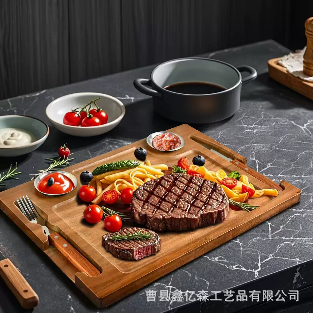 跨境木制托盘家用厨房芝士披萨餐盘木质带刀叉套装水果蔬菜木托盘