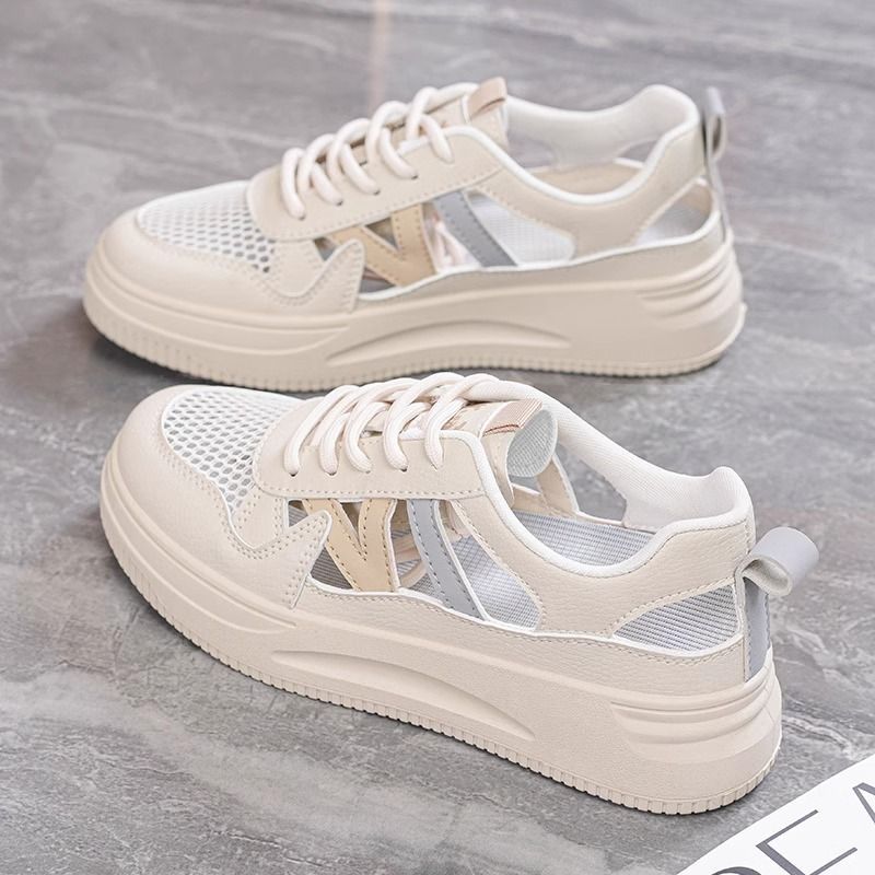 Zapatos individuales para mujer 2025 nuevo estilo de verano, suela gruesa, zapatos blancos deportivos huecos, suela suave, sin cansancio, cordones de pie, resistentes al desgaste