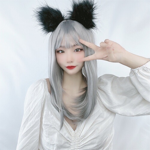 Granny gray wig for women with medium-long hair, air bangs, Lolita long straight hair, fluffy face-shaping, full headgear of synthetic fiber wig