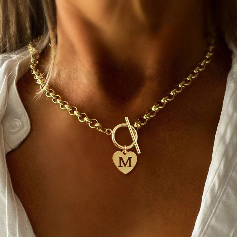 Kindergarten Amazon Cross-Border New Initial Necklace Stainless Steel Heart-Shaped Pendant Buckle Necklace Fashionable and Versatile