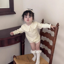 Cutemily女婴针织哈衣荷叶领爬服女宝春长袖花边半开襟三角连体衣