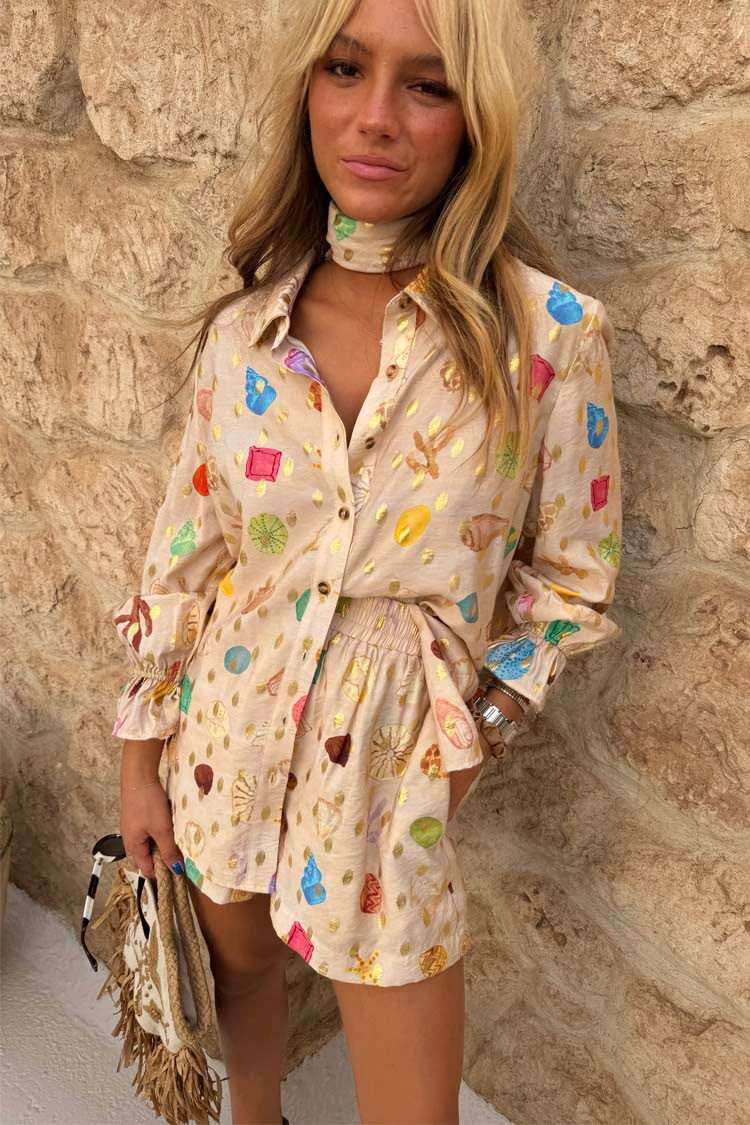318g Weight Long Sleeve Sleeve Length Linen, Polyester Fabric Type Shorts Co-ord Set Sets Type 2 Pieces Set Quantity Holiday Beach Women's Casual Vacation Conch Linen Polyester Shorts Co-ord Set Shorts Sets