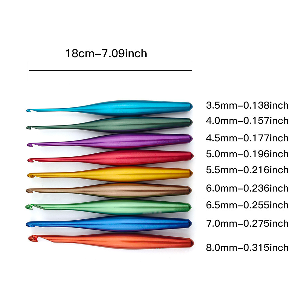 Herramientas transfronterizas, ganchillo con mango de alúmina, ganchillo ergonómico, ganchillo de una talla, ganchillo de aluminio de color 9 piezas