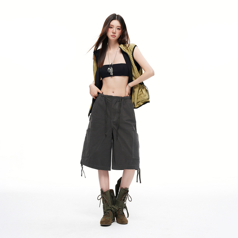 American-Style Heavy-Duty Washed Drawstring Waist Cropped Workwear Loose Casual Shorts for Women 2026 Summer New Model