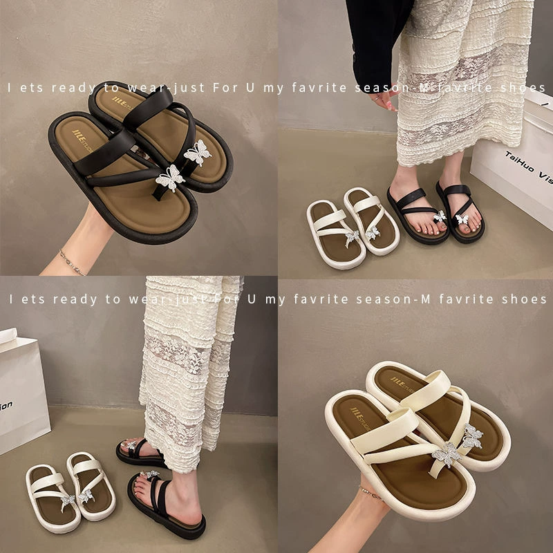 Летние новые стильные шлепанцы с ярким бриллиантовым дизайном бабочки для женщин, модные и универсальные женские тапочки на толстой подошве 3,0 см в китайском стиле