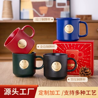 【定制】星巴风欧式复古铜牌杯高颜值轻奢陶瓷马克杯咖啡水杯跨境