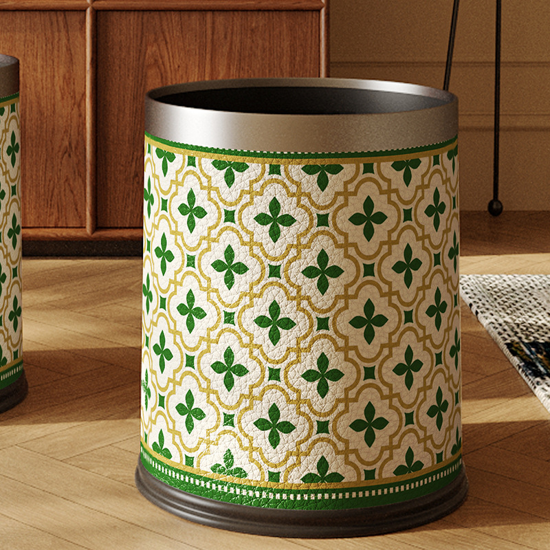 Green Mid-Century Style Leather Trash Can for Home Living Room, Light Luxury, High-End, Large-Capacity American-Style High-Value Toilet Paper Basket